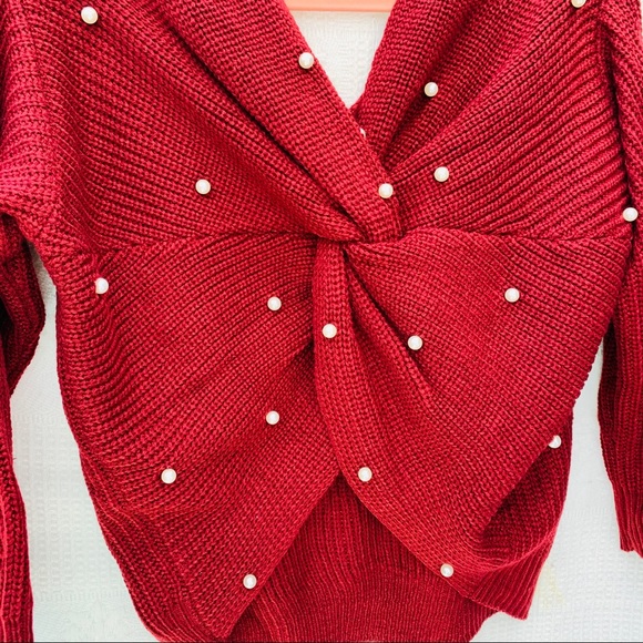 Pearl Detail Burgundy Knit Sweater Sz M - Picture 2 of 6